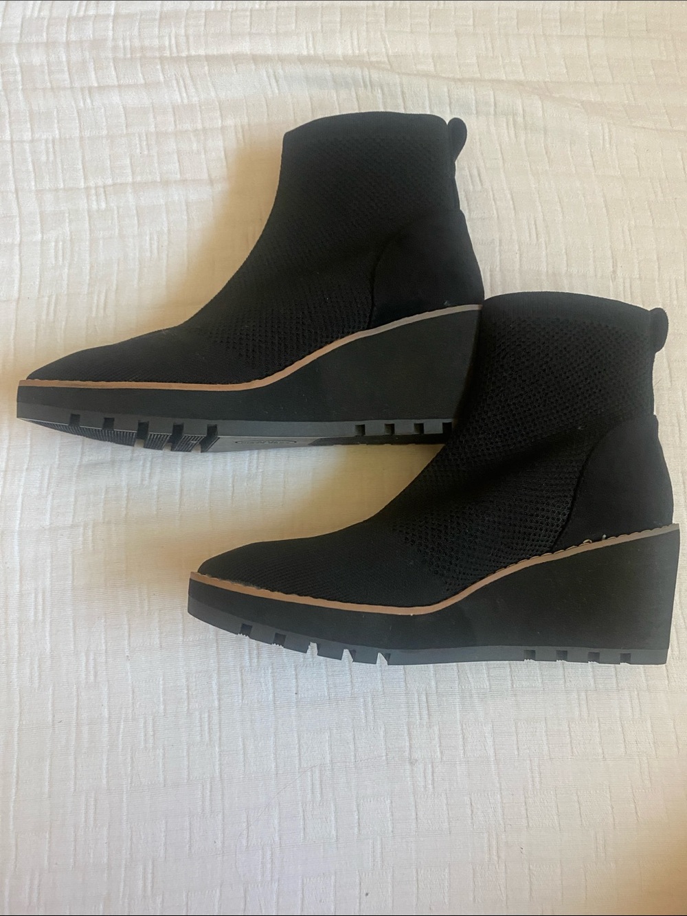 Anne Klein Black Knit Wedge Ankle Bootie with Contrast Trim